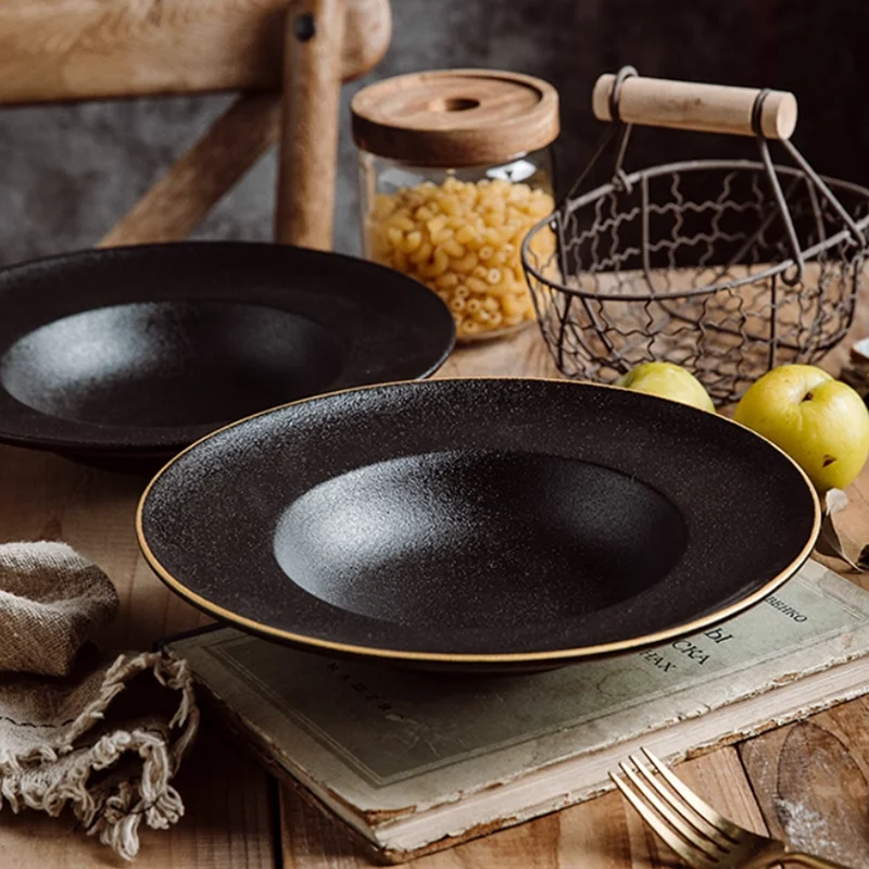 

Black Frosted Ceramic Plate, Household Soup Bowl, Tableware, Straw Hat Plate, Salad Bowl, Pasta, Soup Plate, Kitchenware