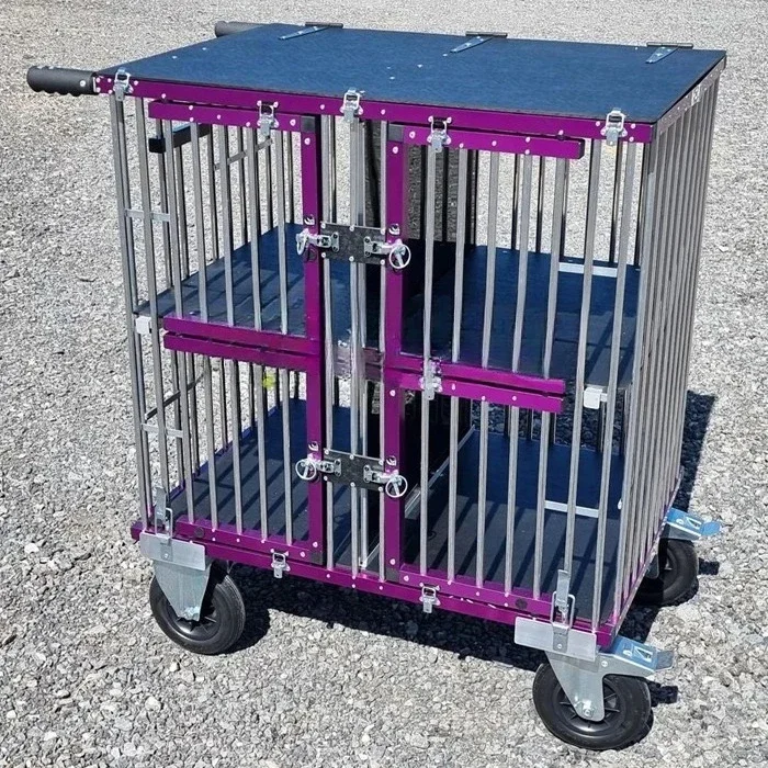 Silver Four-Berth Aluminum Pet Show Cart Large and Medium Size Collapsible Dog Trolley with Animal Pattern and Button Closure