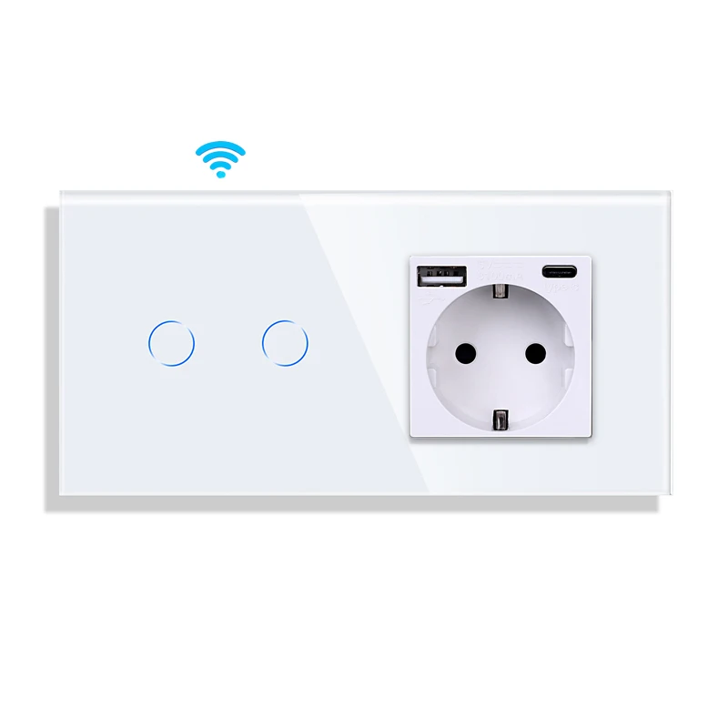 DAJIMEI Smart WiFi Touch Switch with USB Type-C Socket Crystal Glass Panel Tuya Sensor Switches with Socket for Smart Home