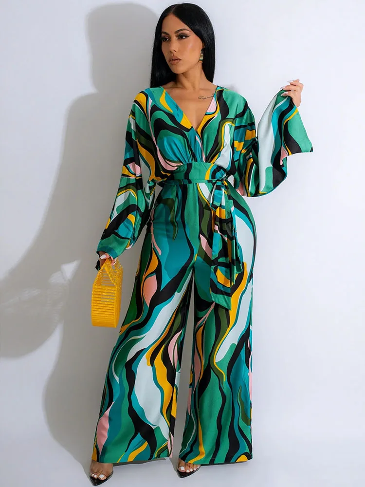 Elegant Print Loose Wide Leg Jumpsuit Women Long Flare Sleeve V-neck Backless High Waist Romper Club Party One Piece Outfits