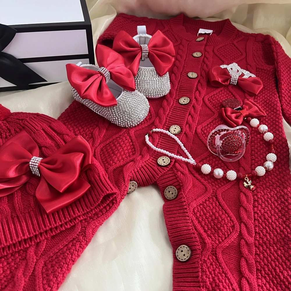 Dollbling Clothing Welcome Home Baby Photography Wedding Outfit Christmas Red Gift Box Bling Crown Crochet Romper Bonnet Set