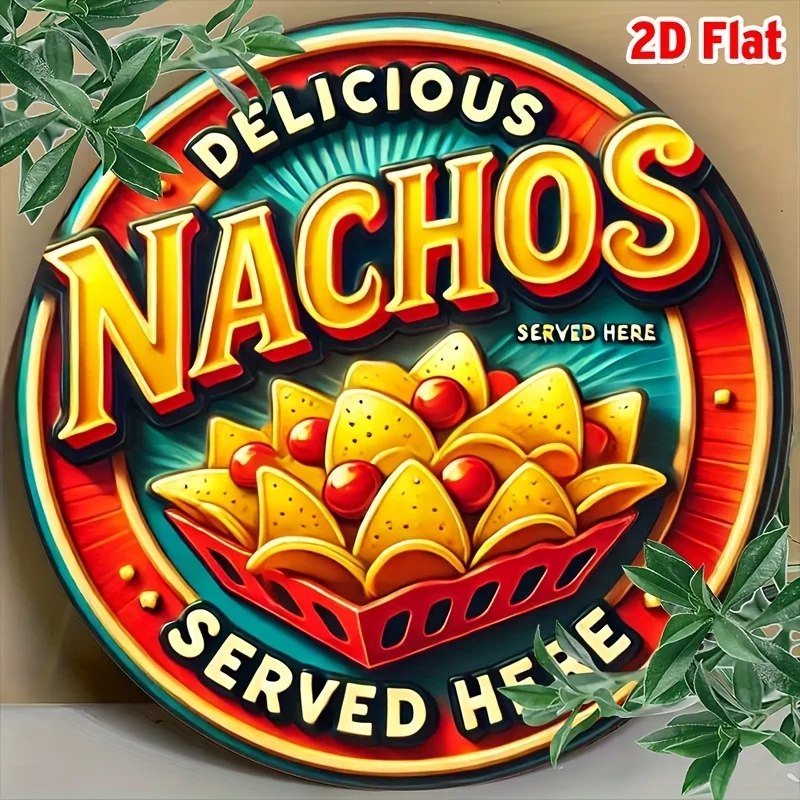 Letrero NACHOS de aluminio plano 2D, no se puede iluminar, redondo, 20x20cm(8x8 pulgadas), resistente al calor y al frío, para hamburguesas, comida rápida, Bis