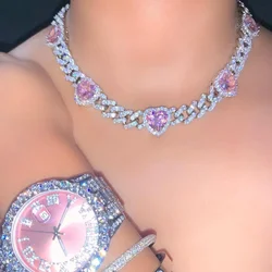 2024 Luxury Bling Cz Pink White Heart Cluster Charm Cuban Link Chain Hip Hop Necklace for Women Iced Out Valentine's Jewelry