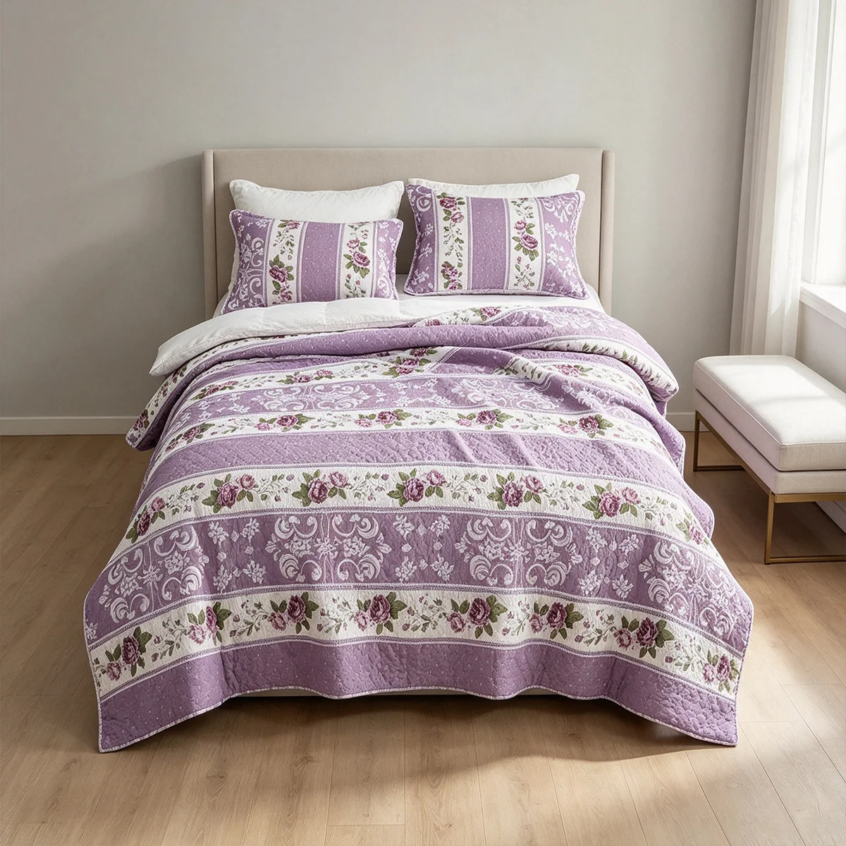 3pcs Pure Cotton Purple Rose American Quilt Set Queen King Size Bedding Quilted Bedspread with 2 Pillowcase Double Bed Cover