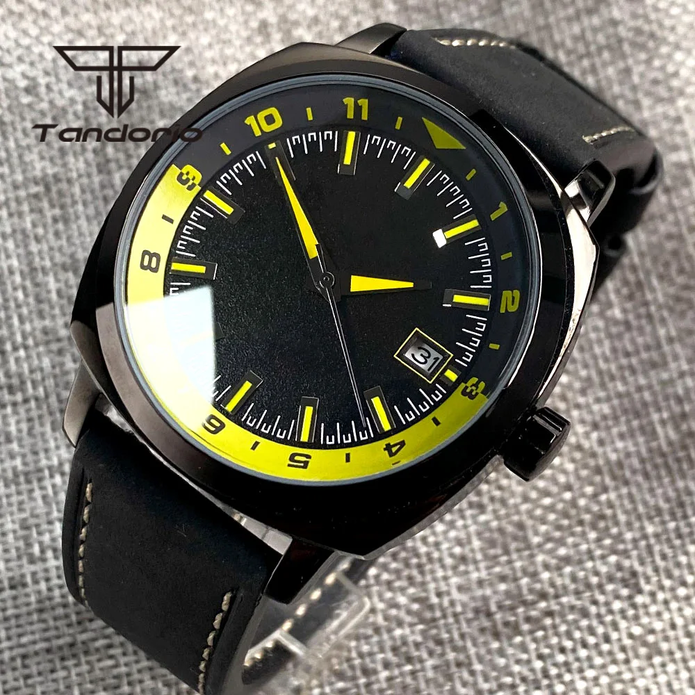 42mm Square Black PVD Stainless Steel Automatic Watch for Men White/Black/Blue/Green Sterile Dial Date Display Leather Strap