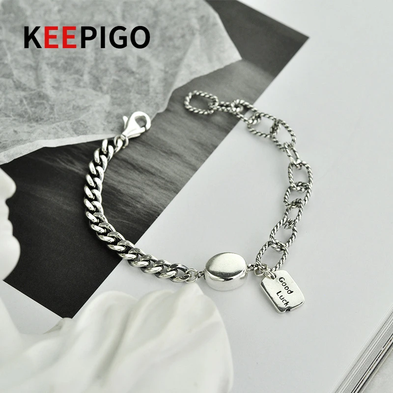 

KEEPIGO Real S925 Sterling Silver Hip Hop Design Bracelets For Student Girl Birthday Gift 18cm RA085