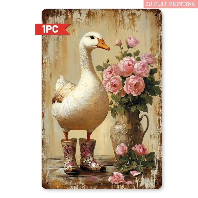 8x12 Inch Vintage Duck and Pink Roses Metal  Sign, Retro Wall Art Decor for Living Room, Bedroom or Patio