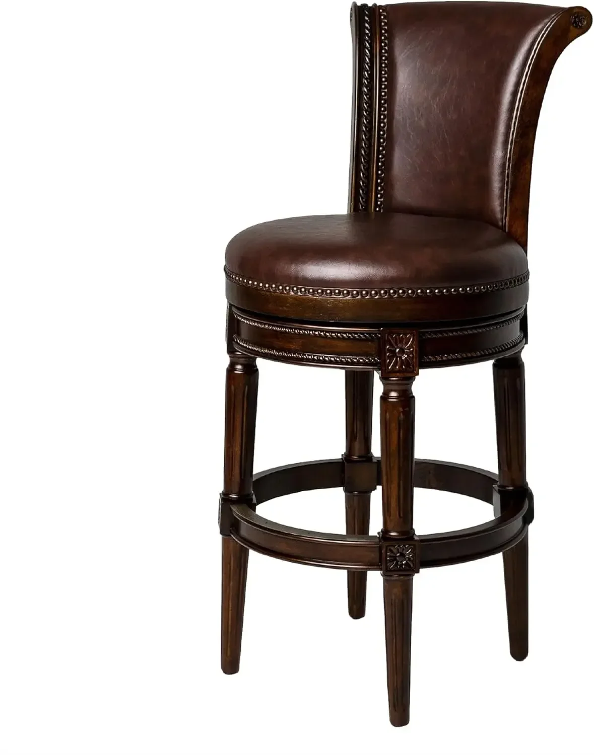 Pullman 31 Inch Tall Bar Height Upholstered Barstool, Dark Walnut Finish with Vintage Brown Vegan Leather Cushion Seat, Set of 4