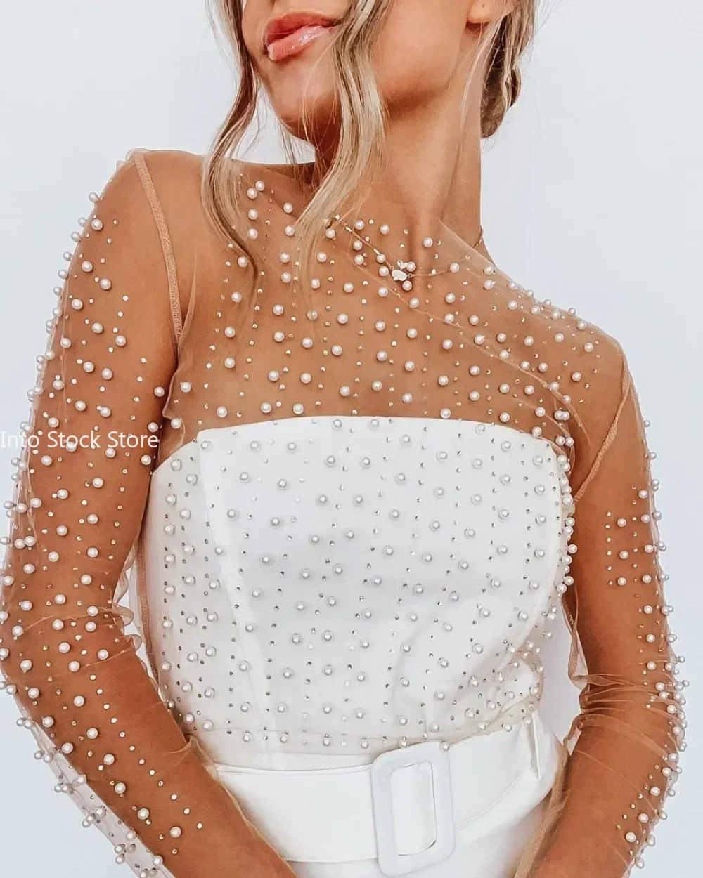 

Women's Carnival Style Pearls Beaded Rhinestone Detail Sheer Mesh Crop Clubwear Cover Up Top Perspective Mesh Long Sleeves