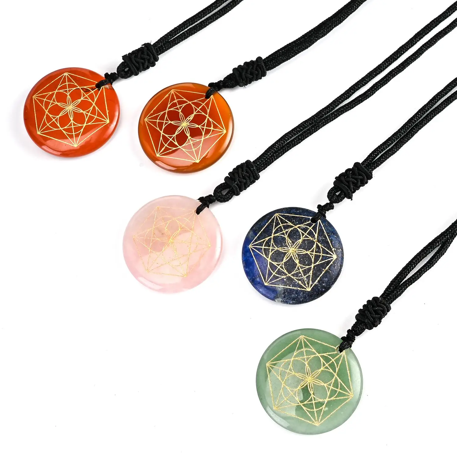 

Natural Crystal Rose Quartz Carved Flower of Life Seeds Pendant Retro Divination Metatron Energy Reiki Healing Necklace Jewelry