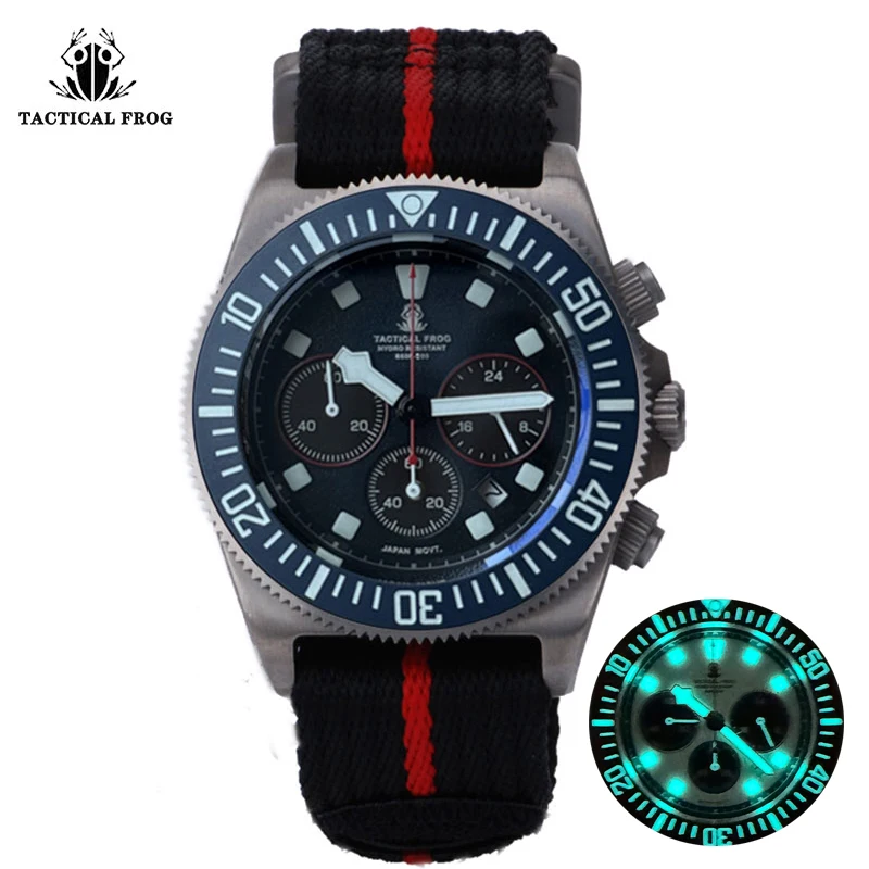 Tactical Frog FXD Titanium Diving Watch Men VS75B Solar-powered Quartz Movement Chronograph Watch BGW9 Super Luminous Waterproof