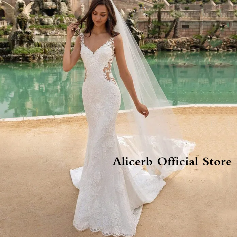 Sexy Wedding Dress Sleeveless V-Neck Summer Show Waist Button Appliqué Banquet Mermaid New Dress Robe De Marié Recommend