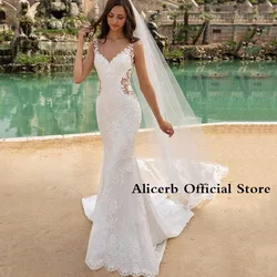 Sexy Wedding Dress Sleeveless V-Neck Summer Show Waist Button Appliqué Banquet Mermaid New Dress Robe De Marié Recommend