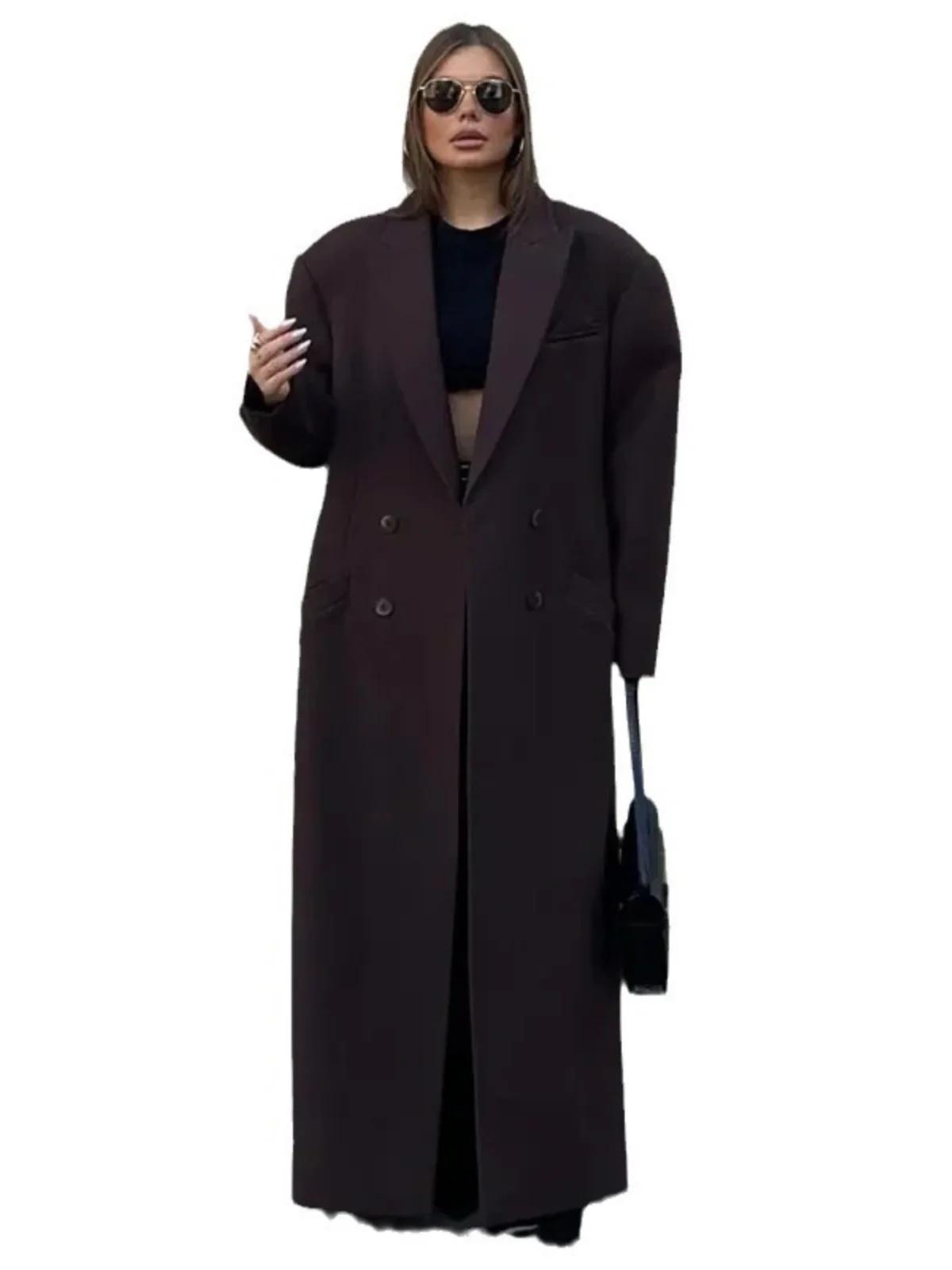 エレガントな女性のウインドブレーカーコート ダブルボタン フリップカラー 長袖 アウター 無地 通勤スタイル ロング丈