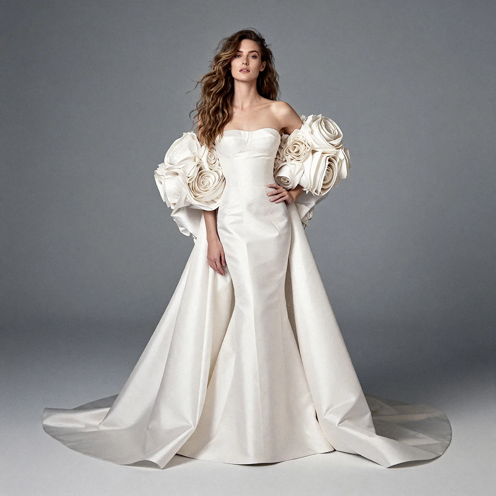

Women's Evening Dress Ivory Strapless Satin Wedding Bridesmaids Dress with 3D Floral Cape Elegant Long Party Dresses ES63244D