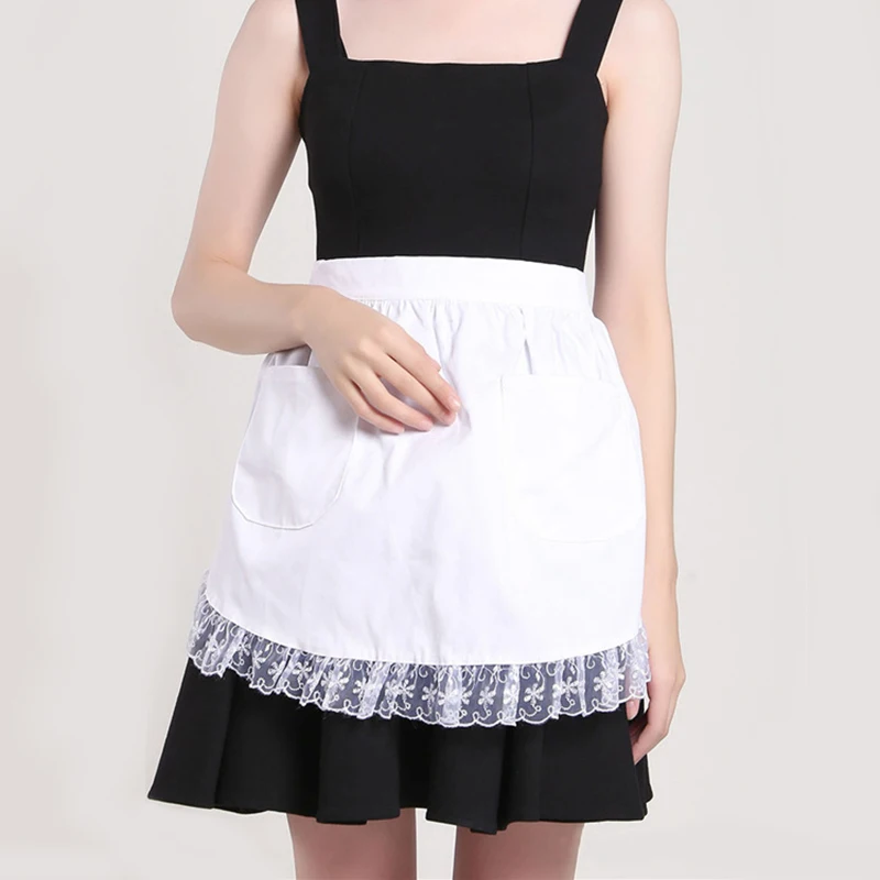 Lovely Lace Women Home Apron Work Supermarket Flower Coffee Shop Salon Bar Half Waist Short Bib Waitress BBQ Kitchen Pinafore