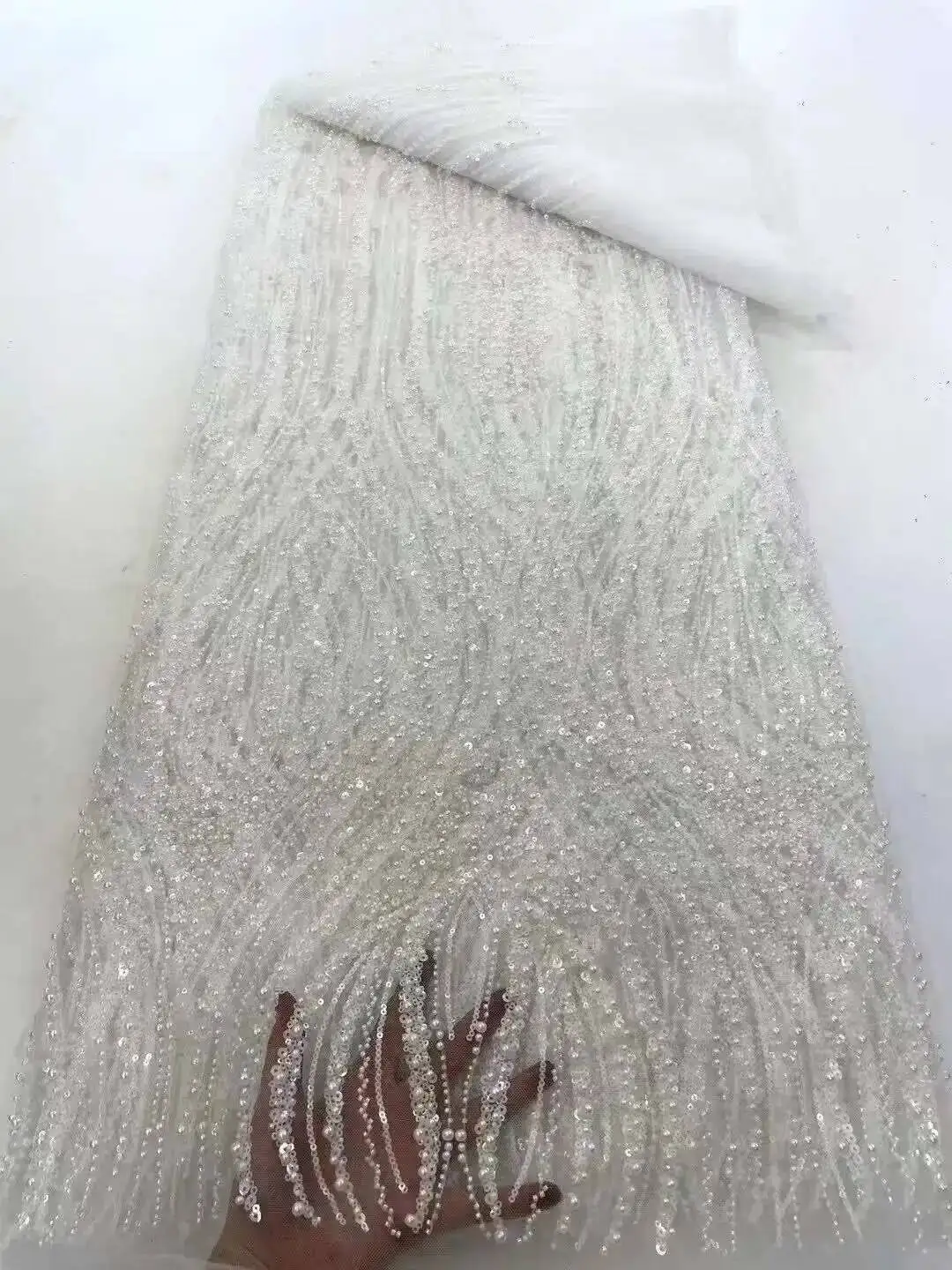

White French Beaded Lace Bride Fabric 5 Yards 2025 High Quality African Sequin Lace Fabric Nigeria Mesh Wedding Dress for Women