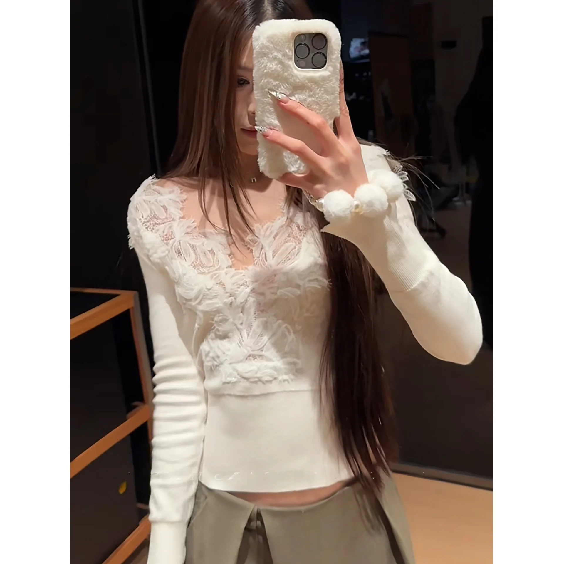 

Женский облегающий трикотажный свитер Pure Desire с V-образным вырезом и кружевными вставками, весенняя новинка, с цветочным узором, из полиэфирного волокна