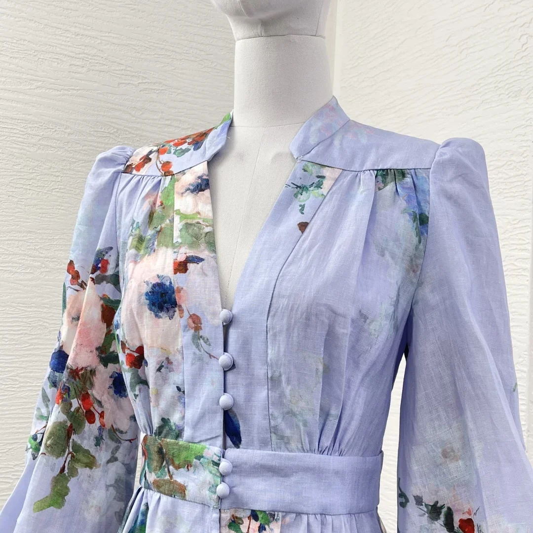 2025 New Fashion Blue Floral Print Long Sleeve Empire Midi Dress