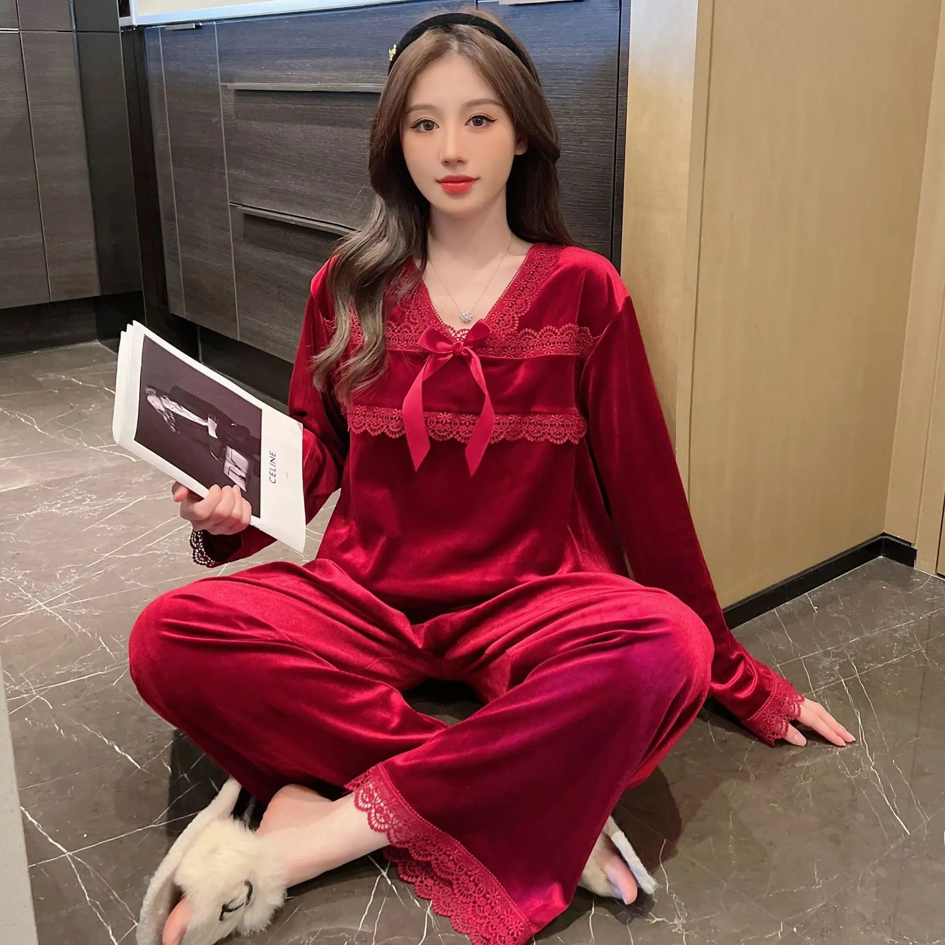 2022 Velour Pajamas Suit With Bowknot Autumn New Sleepwear Women Shirt&Pants Set 2PCS Nightwear V-Neck Home Clothes Lingerie