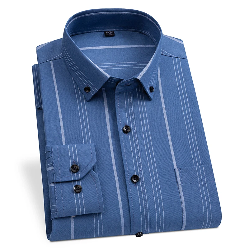 Oxford Shirts for Men 100% Cotton Striped Plaid Man Fashion Clothing Trends Korean Style Young Long Sleeve Casual Dress Shirts