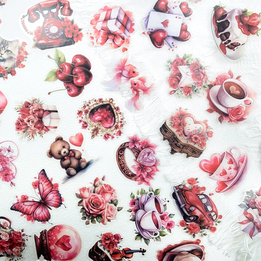 

50pcs Red Romantic Gifts Transparent PET Stickers Decals For Phone Laptop Scrapbook Refrigerator Bottle DIY Aesthetic Stickers