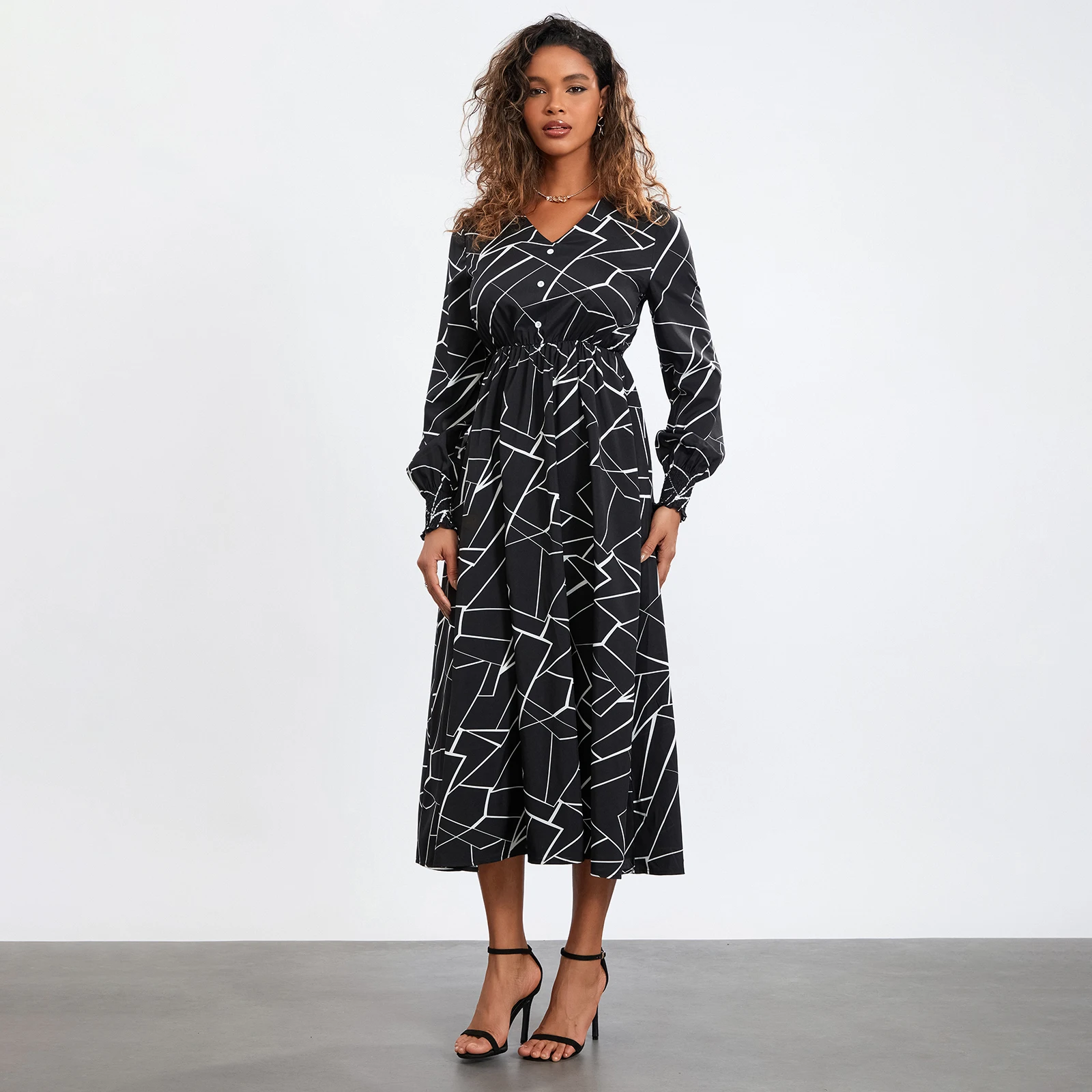 

Women's Spring Fall Midi Dress Lantern Sleeve V Neck Button Front Geometric Print A-Line Dress Vintage Flowy Dress