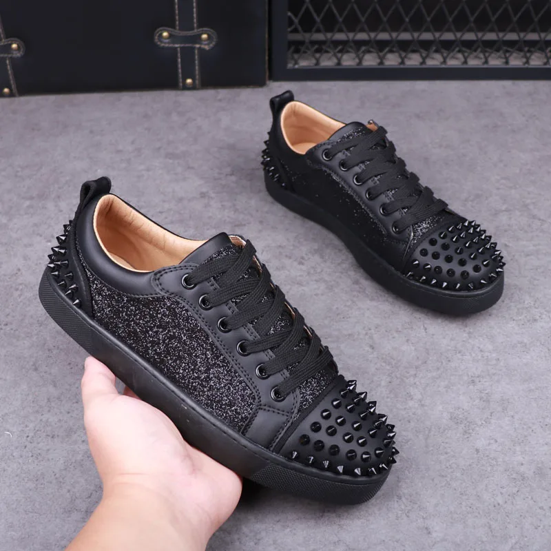 men's fashion punk hip hop dress rivets shoes lace up original leather shoe black pink flats platform sneakers designer footwear