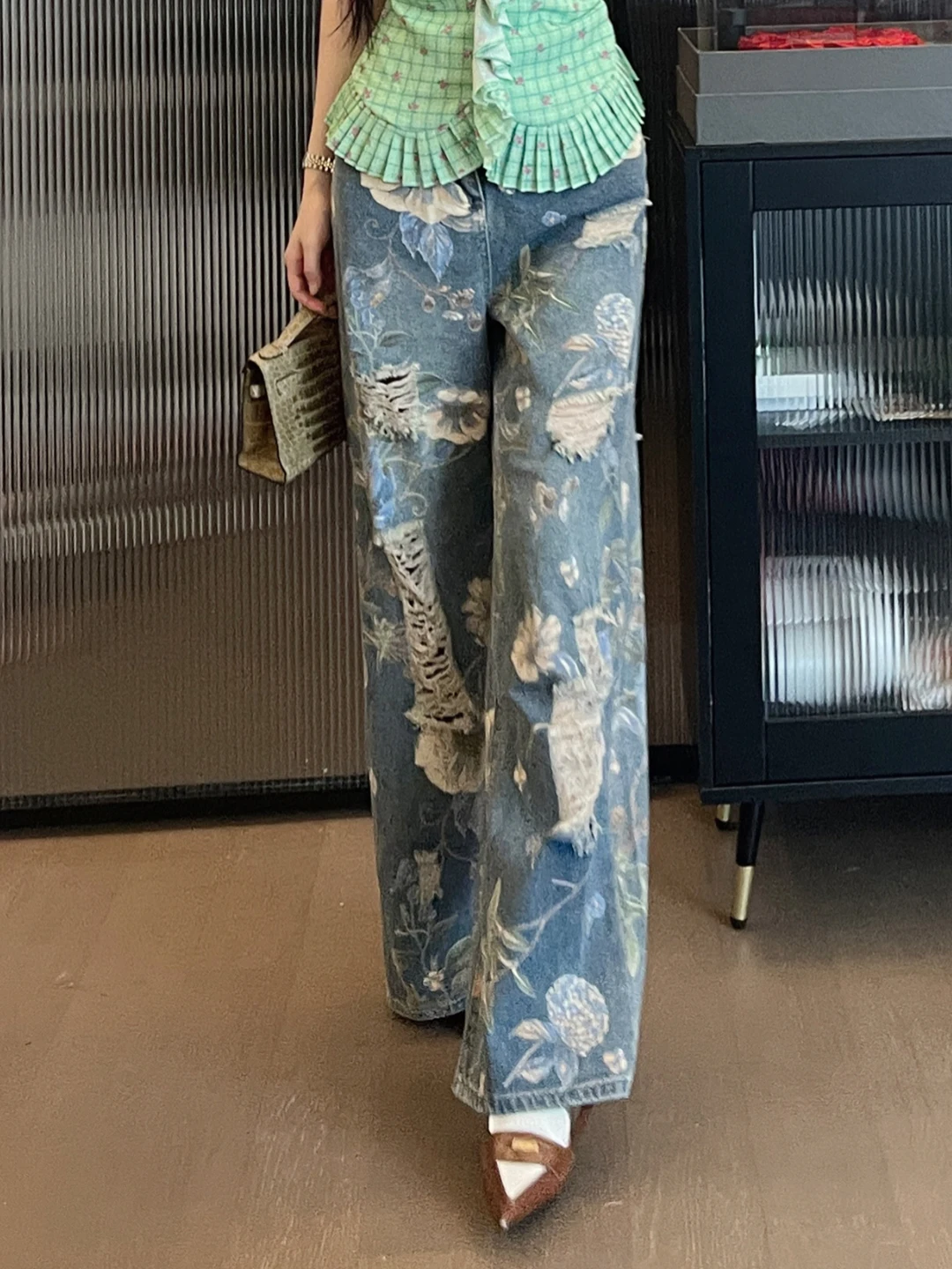 

Джинсы женские ChiclyNana в американском ретро-стиле с принтом, рваные, тонкие, свободные, прямые, широкие, с высокой талией, длинные брюки