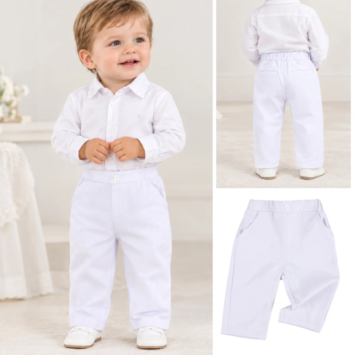 Baby Boys White Long Pants 3-24M Formal Trousers Elastic Waist Toddler Suit Pants for Wedding Party Birthday Ceremony Outfit