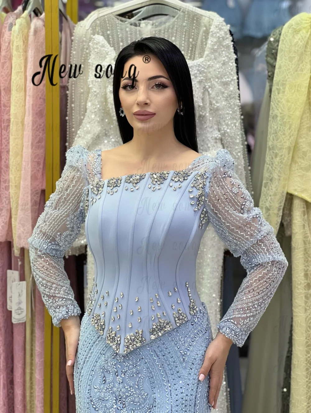 Square Neck Long Sleeves Blue Prom Dresses Beaded Sequined Formal Engagement Night Gowns Customized Ladies Occasion Party Gown