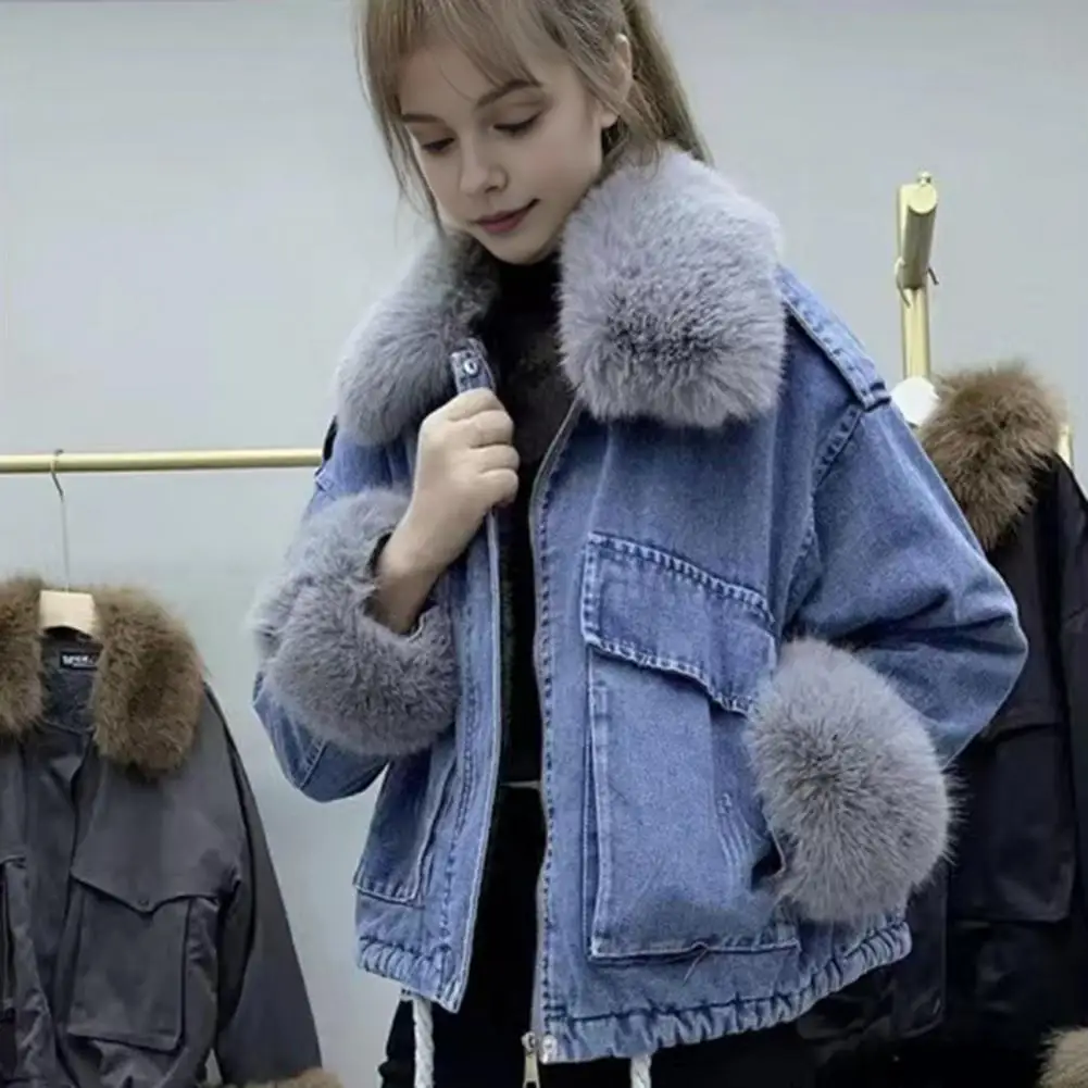 Women Denim Jacket Faux Fur Trim Long Sleeves Winter Outerwear Thick Plush Lined Pockets Cold-proof Mid Length Coat For Outdoor