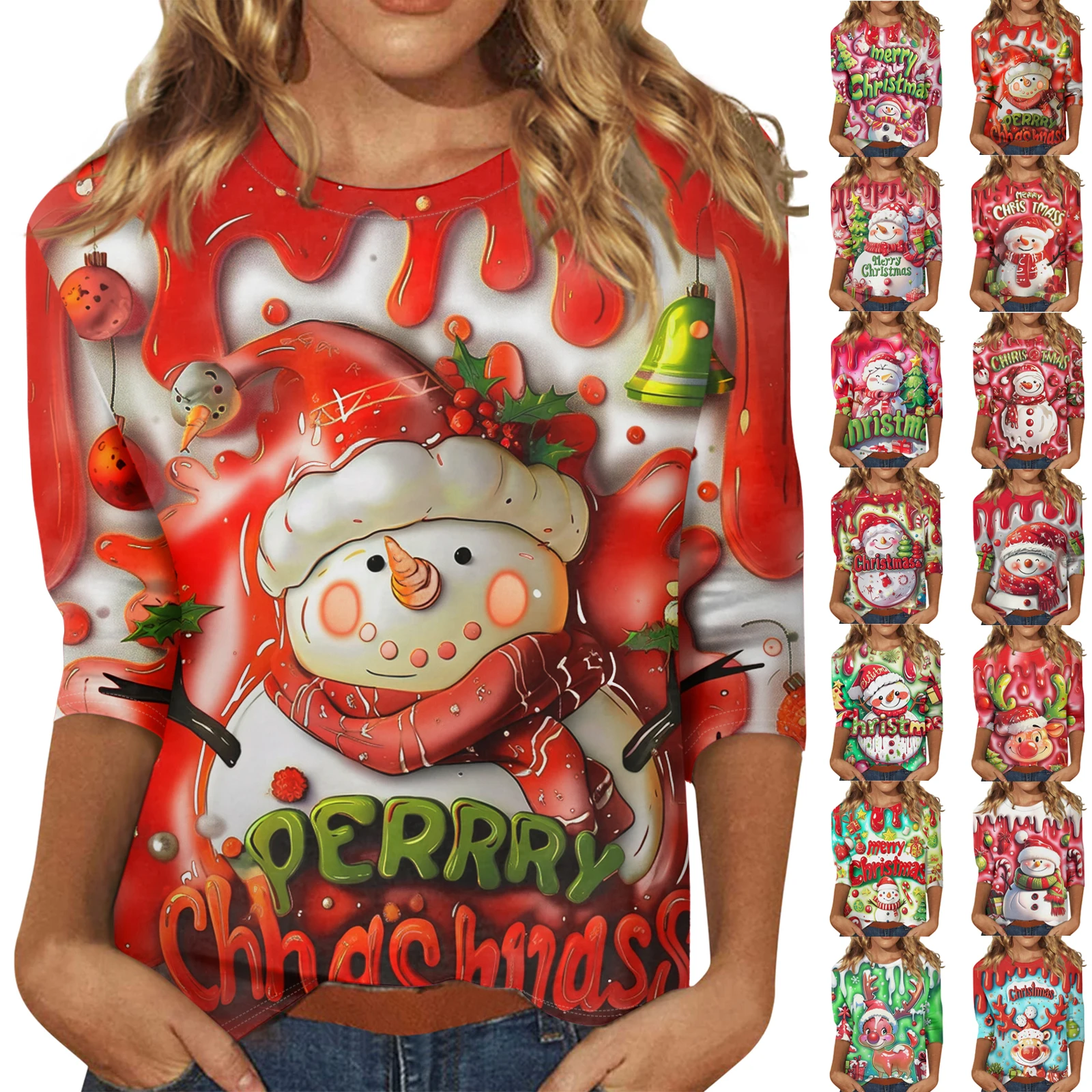 

Spring Autumn Ladies' Christmas Printed Tops Fashionable Women's Casual Round Neck Top Female Seven Quarter Sleeved T-shirt
