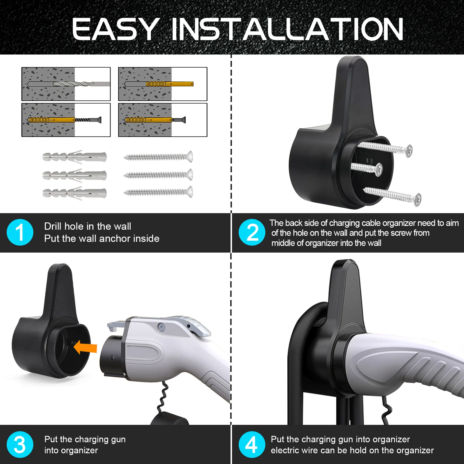 HD EV Type 2 Charger Sturdy Holder Wall Mount Electric Car Charging Cable Organizer Electric Car Charger Holder EV Cable Socket