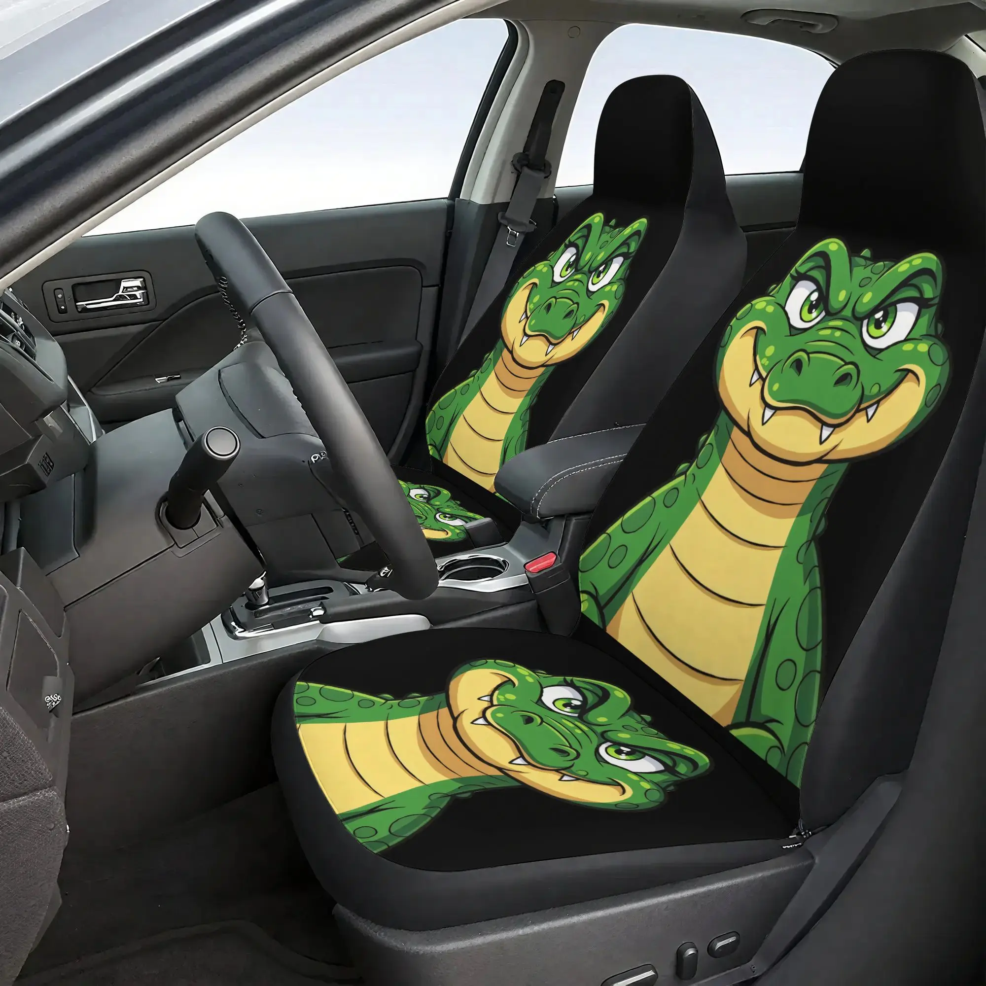 2D Plane 7pcs Set Cool Cartoon Crocodile Car Seat Covers Set - Including 2 Front Seat Covers And 1 Rear Seat Back Cover And 1 Re