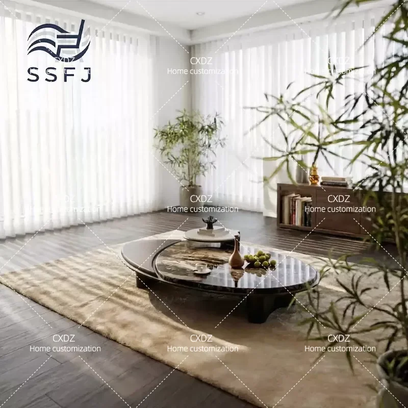 Modern Simple Oval Coffee Table with Marble Texture Desktop for Living Room Hotel Model Room Sales Office Furniture