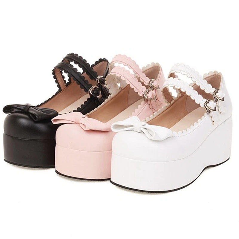 ASILETO Ladies Platform Pumps Round Toe Thick Heels Bowtie Heart Buckle Straps Sweet Large Size 33-45 Pink White Spring S3334