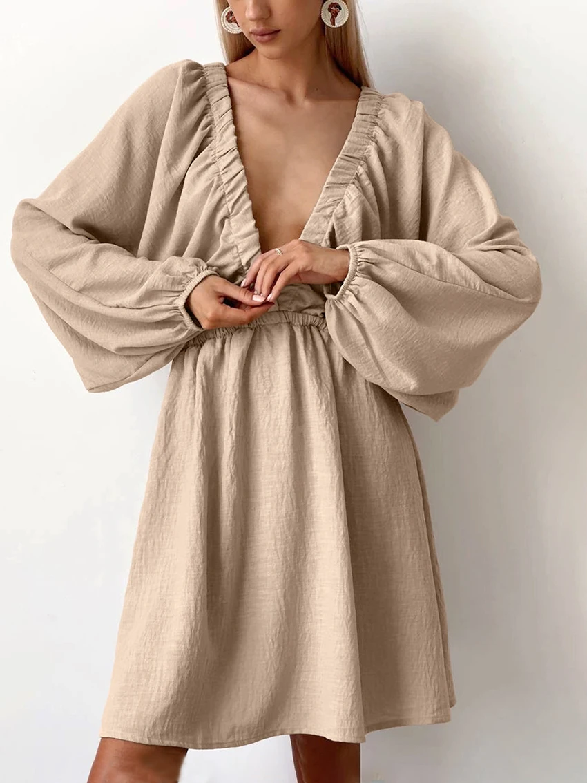 Marthaqiqi Fashion Female Pajama Sexy V-Neck Sleepwear Long Sleeve Nightgowns Mini Dress Casual Spring Cotton Home Clothes Women