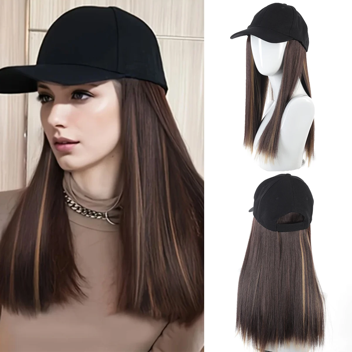 

Fashion Black Baseball Cap With Wig One Piece Women Summer Synthetic Long Straight Hair Adjustable Hat Wig