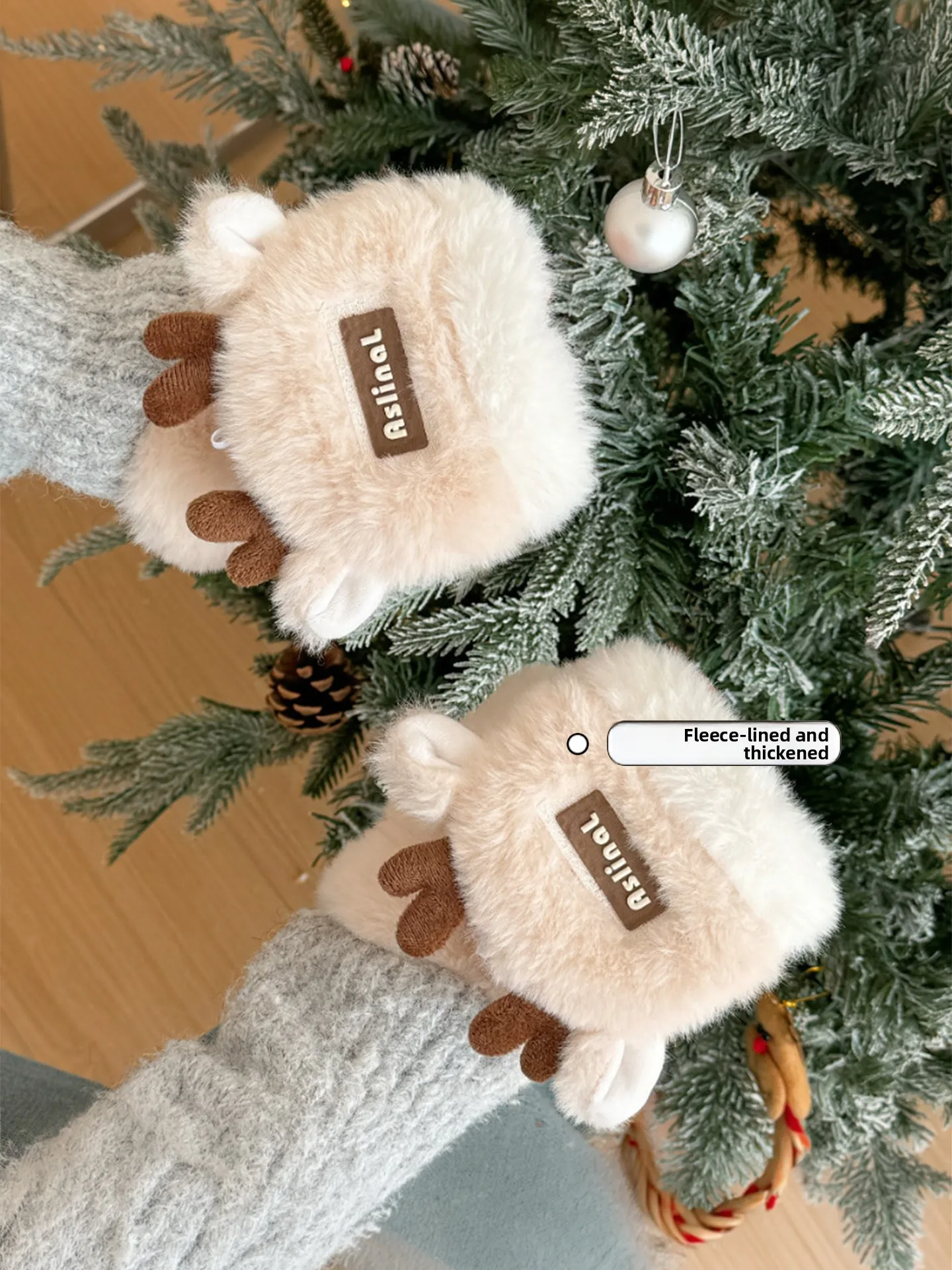 Thickened Plush Christmas Deer Antler Gloves Women's Winter Warm Cute Student Cycling Windproof Coldproof Half Finger Gloves