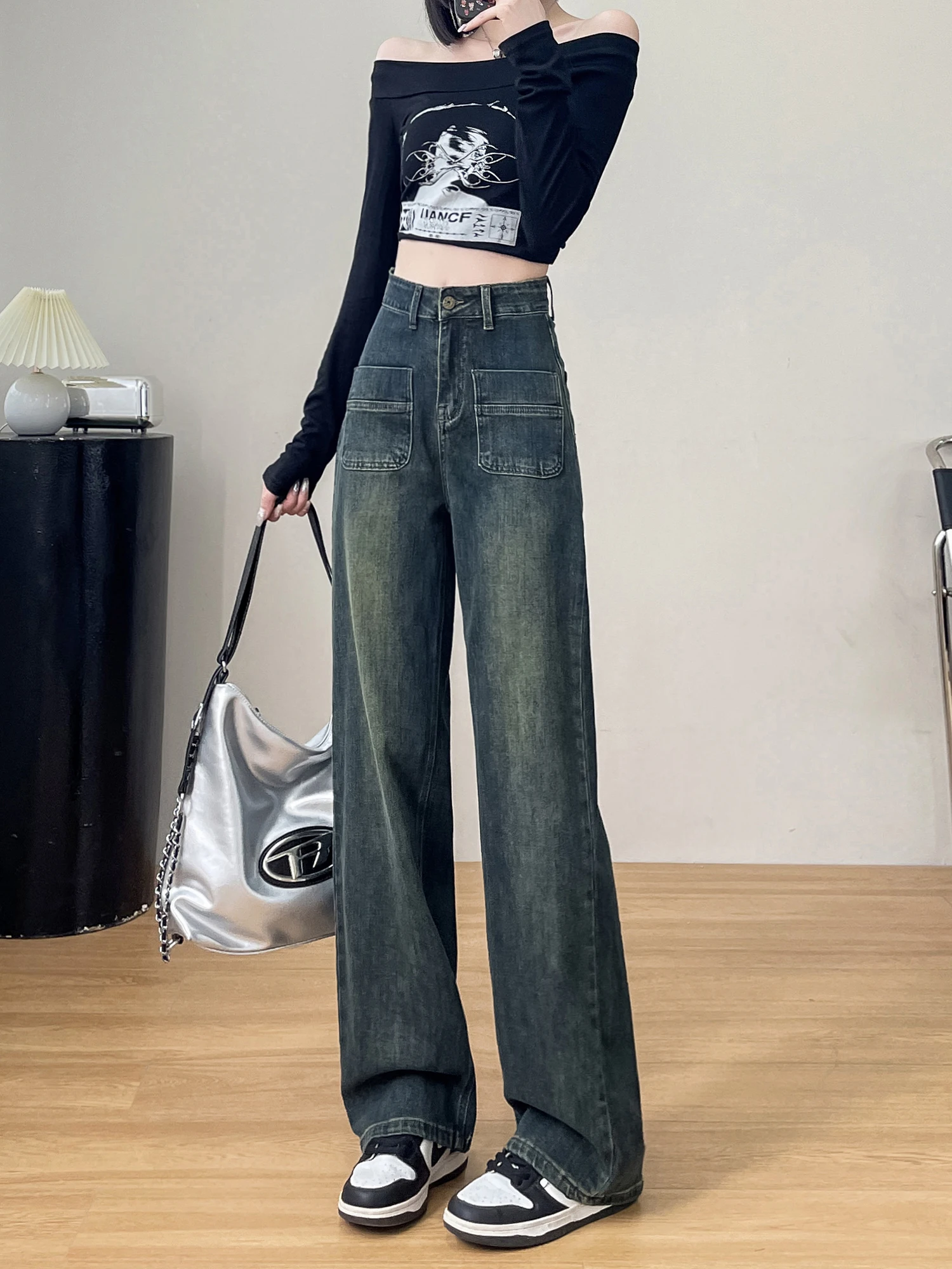 بنطلون جينز نسائي بخصر عالٍ وساق واسعة، تصميم ضيق مستقيم لفصلي الربيع والخريف، مقاس صغير مريح ومرن من الدنيم الأزرق