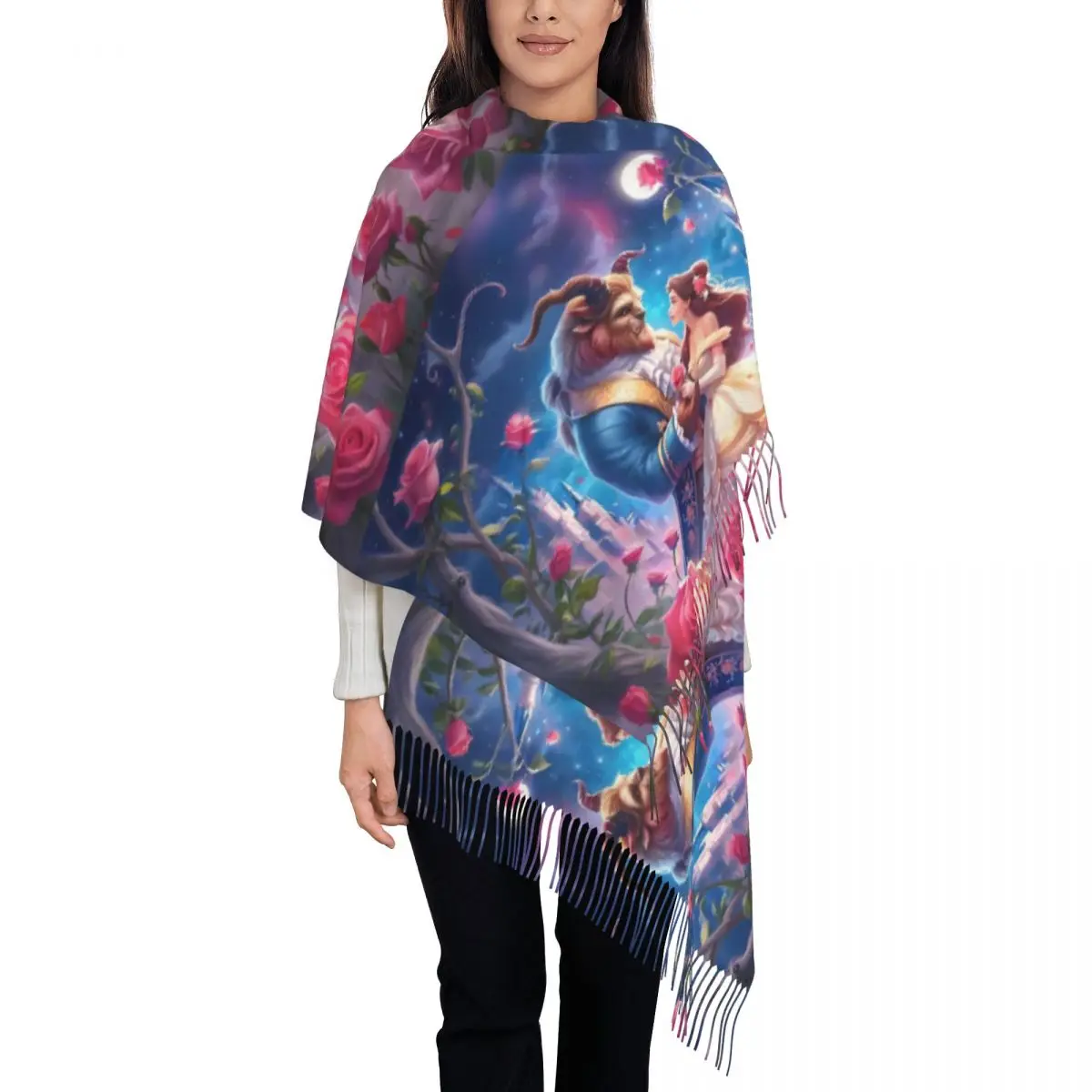 

Роскошный шарф с кисточками «Красавица и чудовище» из мультфильма, зима-осень, теплая шаль, женские милые романтические шарфы в стиле фэнтези в стиле аниме