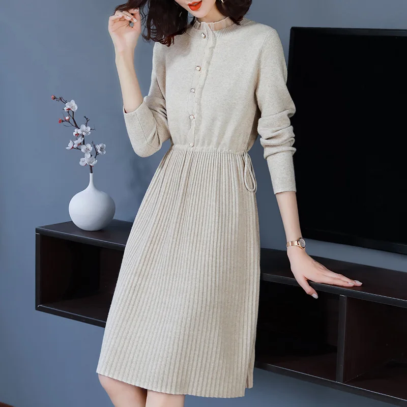 Middle Aged Mother Knitting Dress Buttons Long Sleeve Pullovers Slim Vintage Knitwears For Women Autumn Winter Bottom Sweater