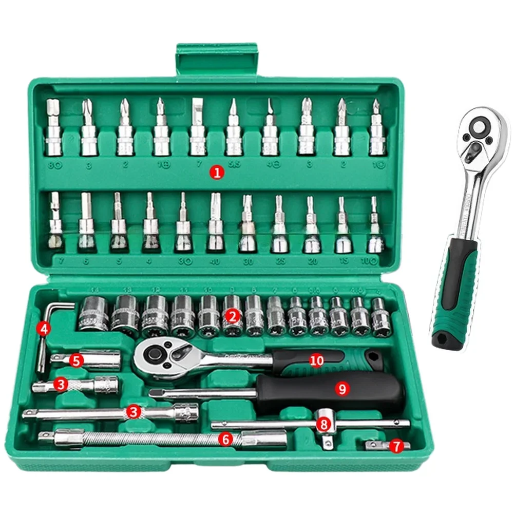 Professional 46Pcs Ratchet Wrench Set 14 Inch Mechanic Tool Kit For Auto Body Work Engine Repair And DIY Projects At Home