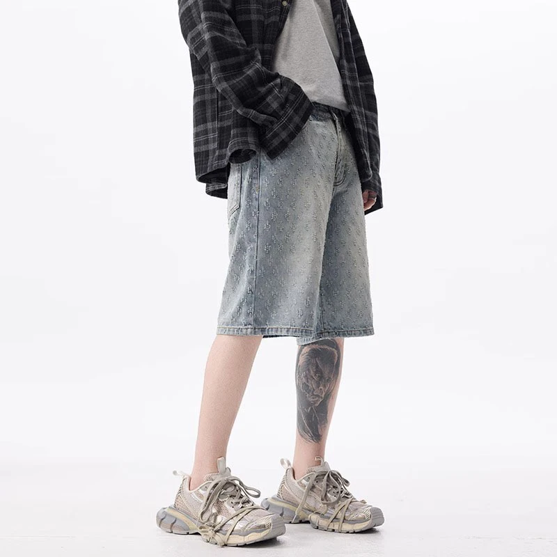 Men American High Street Vintage Jacquard Washed Denim Shorts Male Summer Youth Popular Jeans Daily Lightweight Versatile Pants