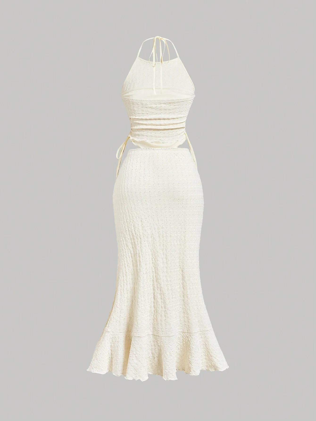 Jacquard Milkmaid Top & Fishtail Skirt Set, Side Drawstring Bustier Ruffled High-Low, Girly Summer Vacation Outfit for Women