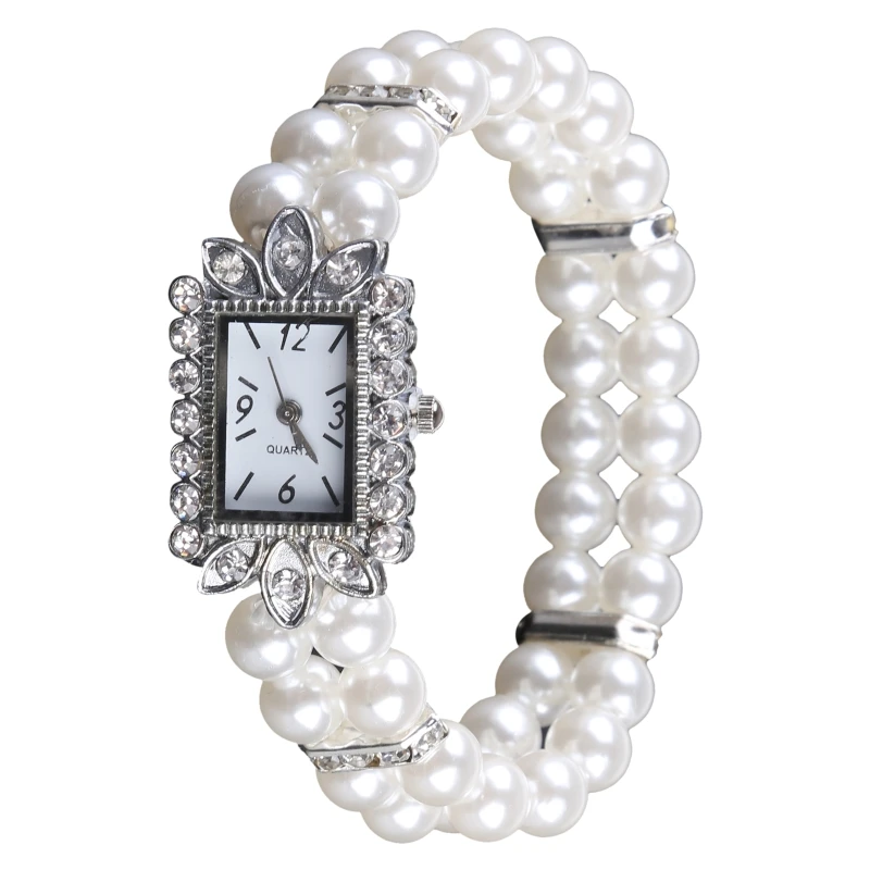 Women Watch Simulated Pearl Rhinestone Luxury Fashion Elegant Wrist Band Bracelet Jewelry Gifts Lady Elastic Charms