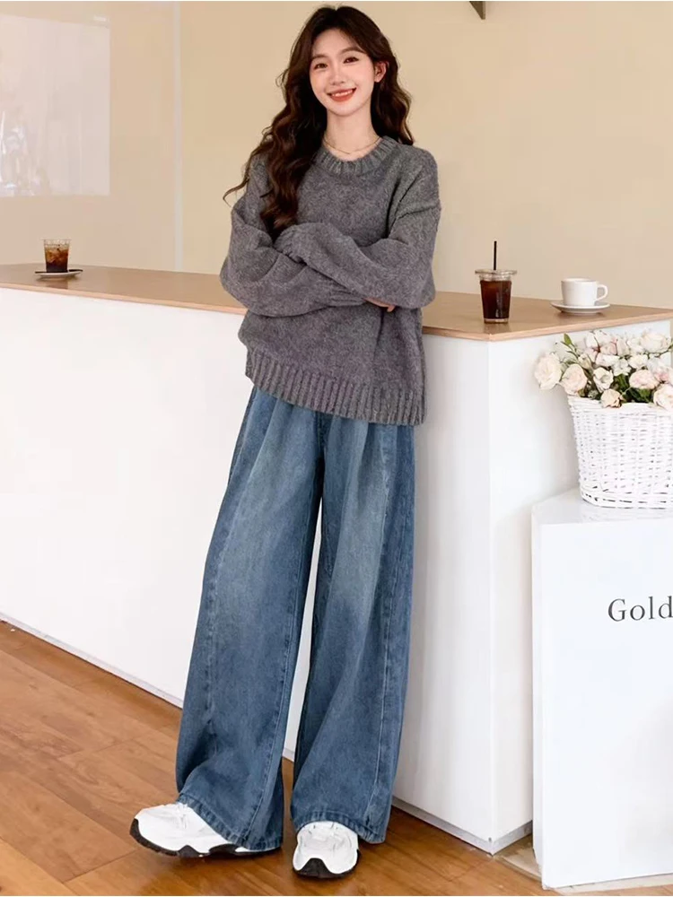 

Retro Hong Kong Sle ey round Ne Sweater High Waist Wide Leg Jeans Women's Loose Casual Two Piece Set Spring Faion