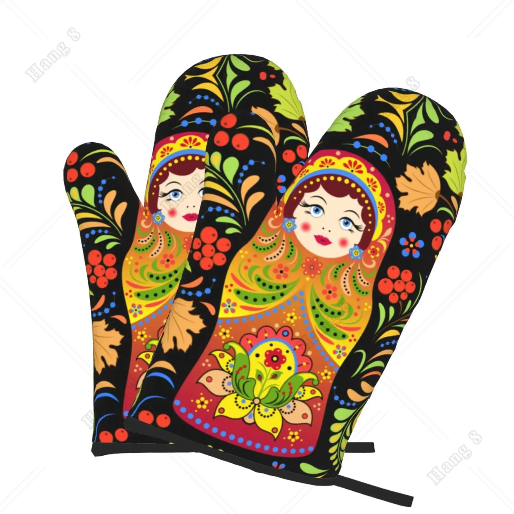 Fashion Print Russian Babushka Matryoshka Doll Set of 2 Kitchen Gloves Women Men Oven Gloves Heat Resistant for BBQ Cooking