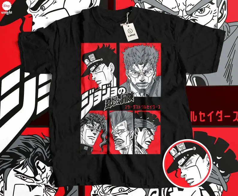 Unisex JJBA Manga Panels T-Shirt - Japanese Animated Epic Tee, Retro Adventure Fashion Top, Enigmatic Hero Garment, Vintage Figh